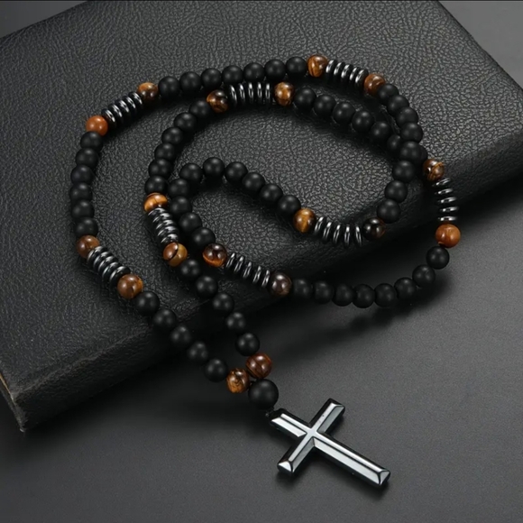 8mm Black Obsiden & Tiger Eye Natural Stone Bead Necklace & Cross for Men/Women - Picture 7 of 8